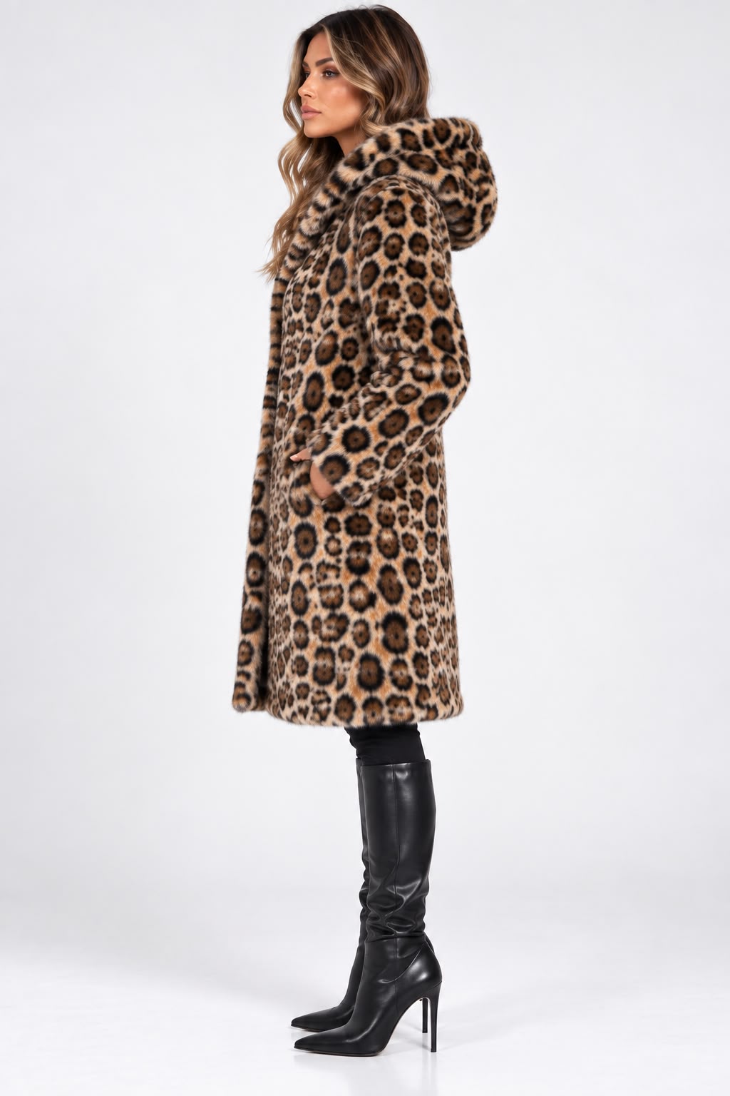 WH+ Leopard מעיל מנומר עם כובע נשים
