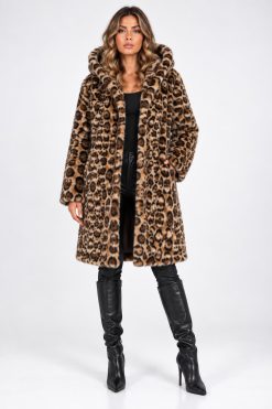 WH+ Leopard  מעיל מנומר עם כובע נשים