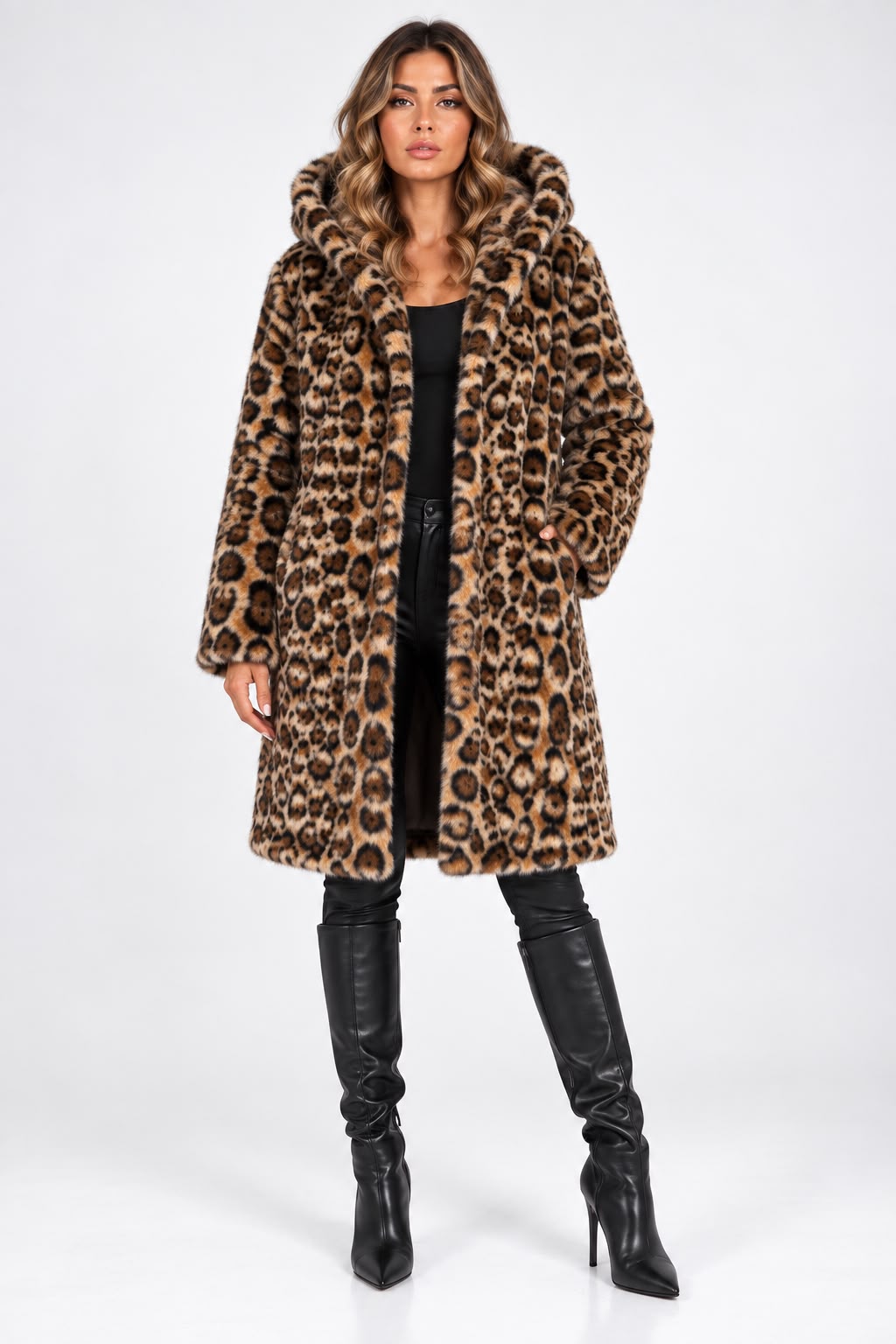WH+ Leopard מעיל מנומר עם כובע נשים